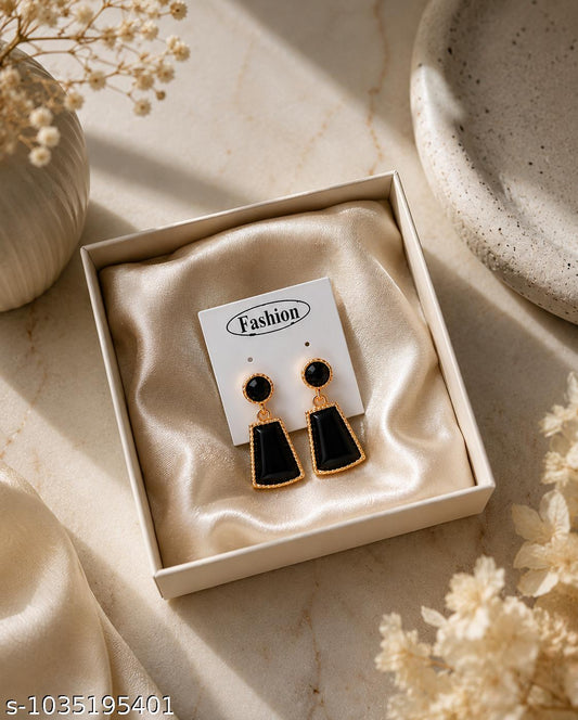 Black Artificial Stone Gold Plated Korean Earrings for Women & Girls | Trendy Dangle Party Wear Jewellery