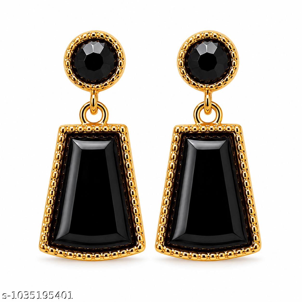 Black Artificial Stone Gold Plated Korean Earrings for Women & Girls | Trendy Dangle Party Wear Jewellery