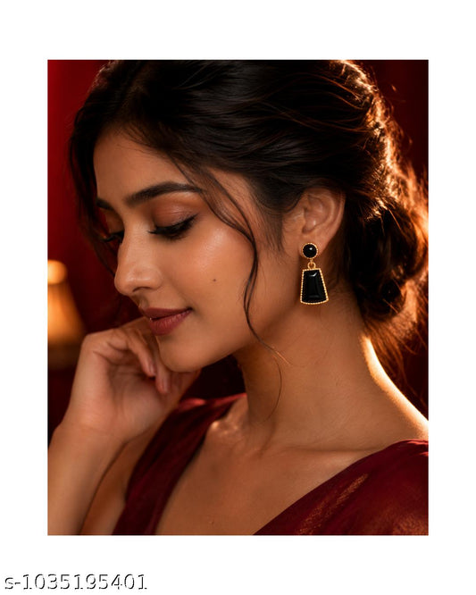 Black Artificial Stone Gold Plated Korean Earrings for Women & Girls | Trendy Dangle Party Wear Jewellery